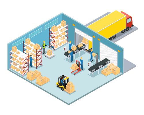 Warehouse Isometric Composition Warehouse isometric composition with working process of loading and unloading the goods and then send the truck vector illustration